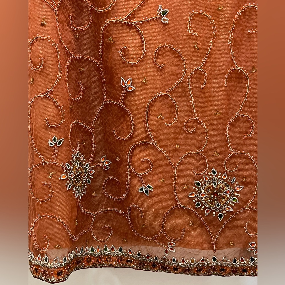 Elegant orange beaded lehenga skirt with blouse and dupatta - Picture 5 of 6